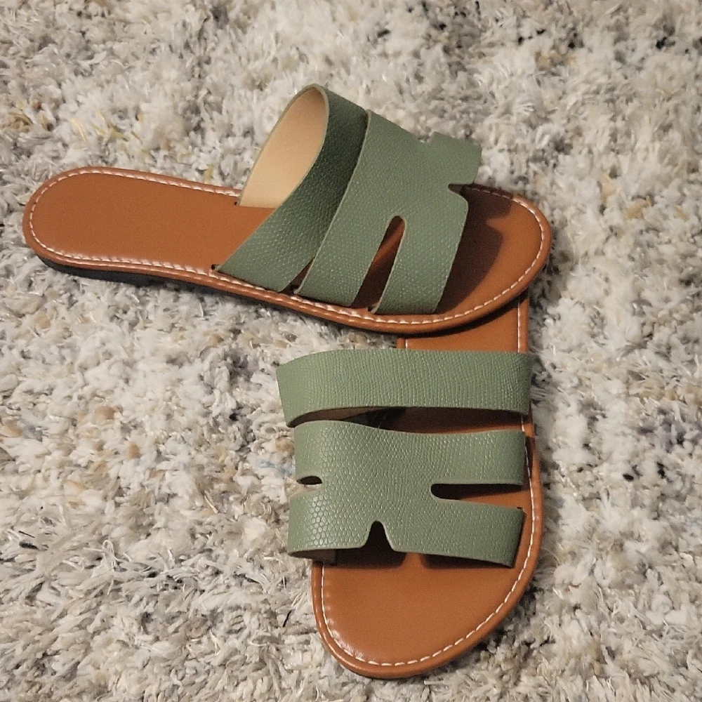 Olive Green Double Strap Slide Sandals - Women
